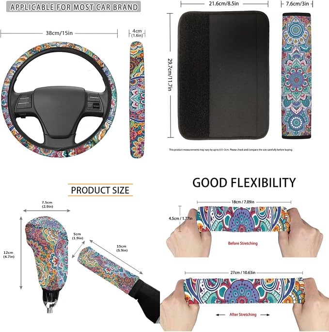 Art Mandala Car Seat Covers Set of 11 Car Front Seat Cover Steering Wheel Cover Rear View Mirror Cover Cup Coasters Wristlet Keychain for Most Cars, SUVs