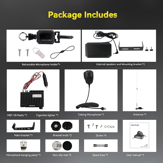 Retevis MB1 CB Radio kit, with Retractable Microphone Holder, Magnetic Antenna, External Speakers, Cigarette Lighter Plug, Long Range CB Radio for Truck