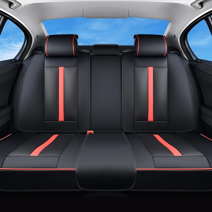 Huidasource Rear seat Cover Luxury Nappa Leather, Back seat Cover with Velcro Adjustable, Ventilation Holes, Seat Belts, Child Seats, Car Cover Seat Universal Fit for Most Cars SUV Trucks, Black&Red