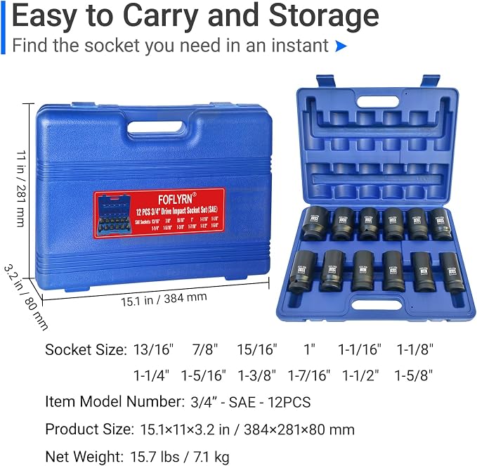 3/4" Drive Impact Socket Set,6-Point SAE Socket Set (13/16"-1-5/8"),12PCS Cr-Mo Material High Durability Heavy Duty Jumbo Deep Socket Set with Storage Case.