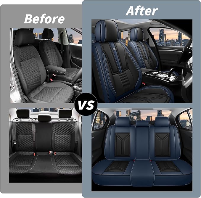 Arazi Fit for 98% of Mazda Seat Covers, 360° Full Wrap Original Seat Cover, Waterproof Nappa Leather Seat Covers with Big Space Storage Pocket Seat Protector(5 Seats Standard, Black&Blue)