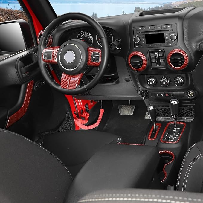 RAZPOY JK 18PCS Interior Trim Kit, Steering Wheel Trim & Gear Shift Cover Air Conditioning Vent Trim Compatible with 2011-2017 Jeep Wrangler JK 4-Door, Red Carbon Fiber