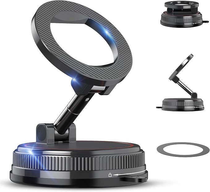 Magnetic Car Phone Holder Mount, Compatible with MagSafe, 108LBS Vacuum Suction Car Mount, 3000gf Magnetic Hold, 360° Adjustable Foldable Dashboard Windshield Phone Mount for iPhone 17-12 & Android