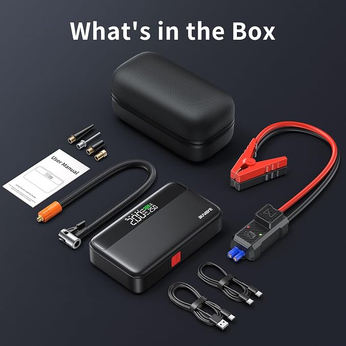 Jump Starter with Air Compressor, 5000A Battery Jumper Starter Portable (All Gas and 10L Diesel) with 150PSI Auto-Shutoff Tire Inflator 12V Car Battery Charger with Jumper Cable LED Light
