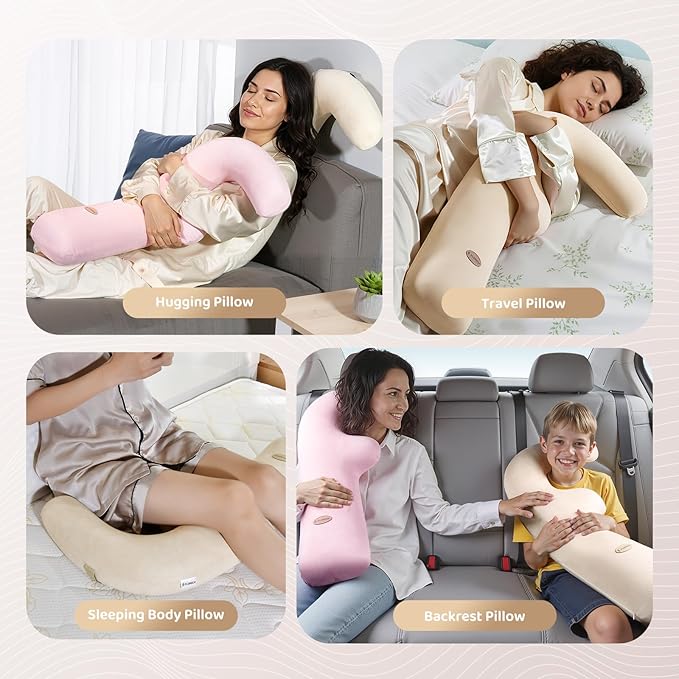 FLORICH Memory Foam Kids Travel Pillow, Car Sleeping Pillow, F-Shape Car Pillows for Adults and Children, Traveling Car Pillow for Kids with Removable Pillowcase (Dark Beige)