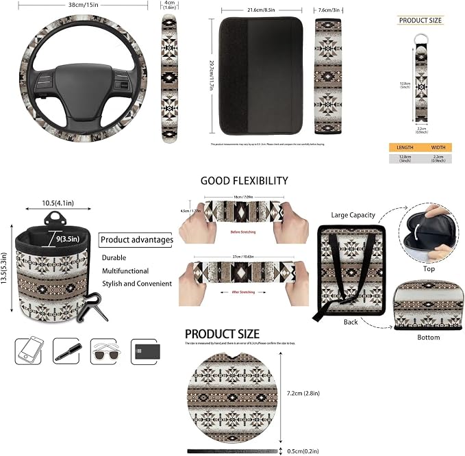 XYZCANDO Tribal Prints Automobile Accessories Sets 15 PCS Car Seat Cover Set Steering Wheel Cover Cover Garbage Bag Storage Box Seat Belt Pads Rear View Mirror Cover Coasters Keychain Fit Most Cars