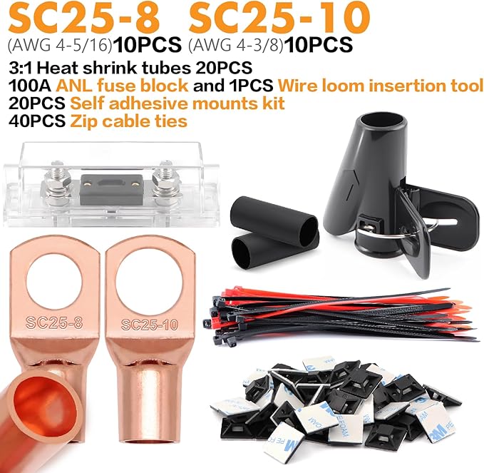 4 Gauge Wire All-in-One Kit | with ANL Fuse, Wire Loom, Lugs, Heat Shrink | Complete Power & Ground Cable for Car Audio, Solar, RV & Marine Applications