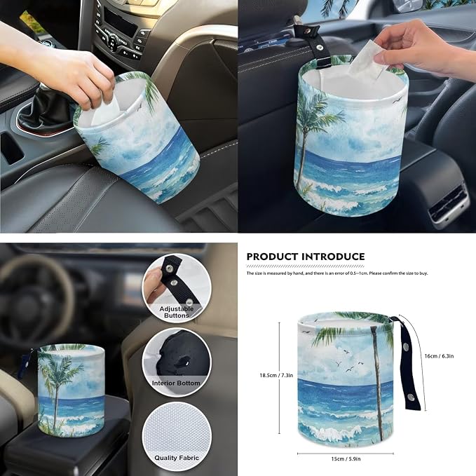 Tropical Palm Beach 15 PCS Car Seat Cover Set with Auto Steering Wheel Cover Seat Belt Strap Protector Cup Holder Trash Bag Rear View Mirror Protector Keychain