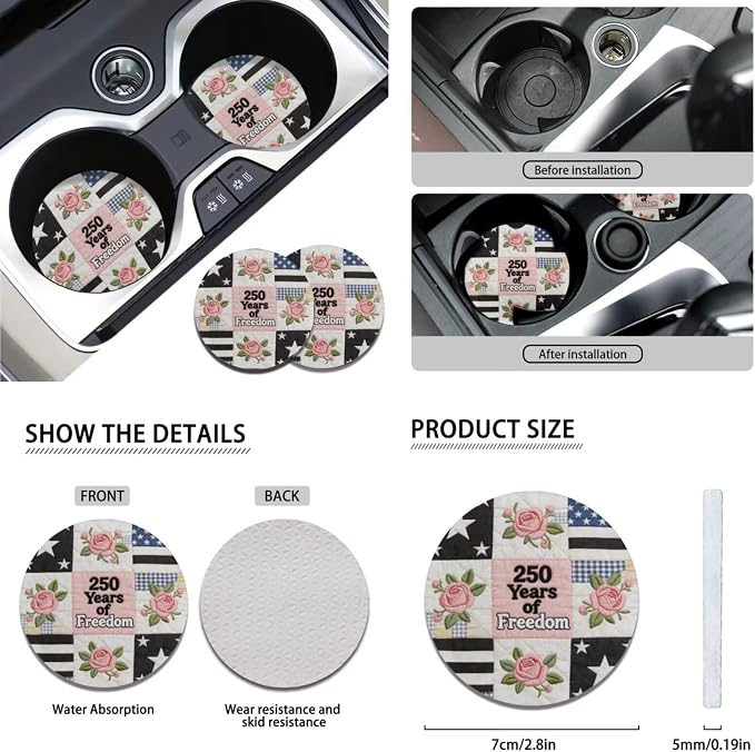 250 Years of Freedom Car Seat Covers Patchwork Rose Print Patriotic Auto Decor with Non-Slip Steering Wheel Cover and Seatbelt Pad Cover, 11 Piece, for 250th Anniversary