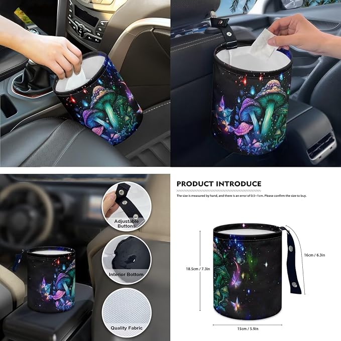 Novelty Mushroom Car Seat Covers Full Set for Women Cute Car Accessories Interior Car Steering Wheel Cover Seatbelt Covers Trash Bin Rear View Mirror Cover Cup Holders Keychain