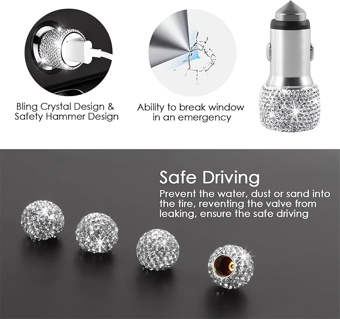 Guoord 12 PCs Bling Car Accessories Set for Women, Steering Wheel Covers Universal Fit 15in, License Plate Frame, Valve Stem Caps, Bling Car Coasters