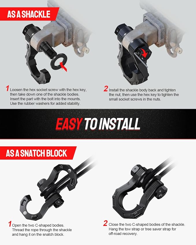 DAYDOOR D Ring Shackles with Snatch Block, 45,000Lbs Break Strength Towing Winch Shackle, 3/4" Heavy Duty Shackles with 7/8" Screw Pin for Off Road Vehicle Recovery(2 Pack, Black)