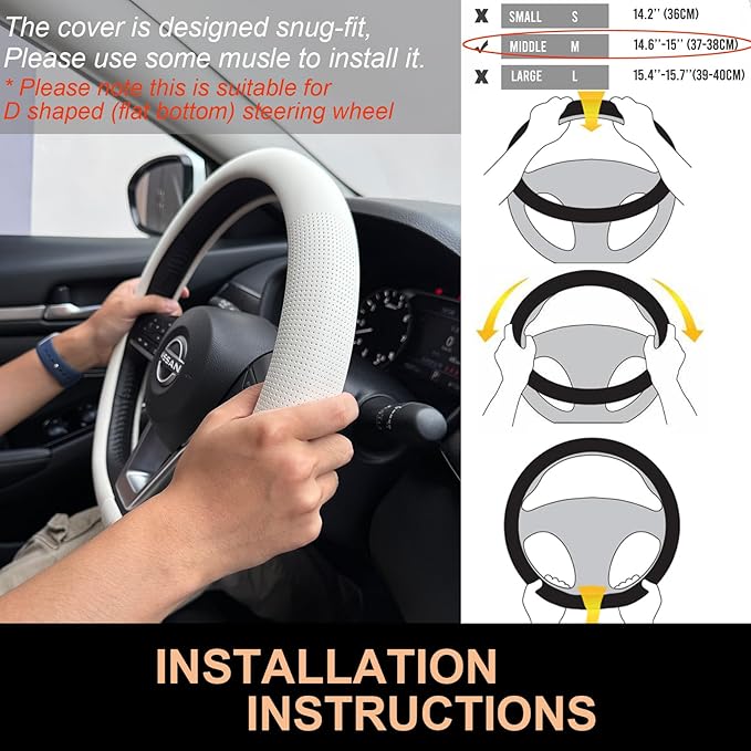 PINCTROT D Shaped Nappa Leather Steering Wheel Cover, Slim Fit No Bulk Design, One Piece Leather with Breathable Perforation, Fit Like Gloves, Flat Bottom 14.5-15 Inch(Nappa White)