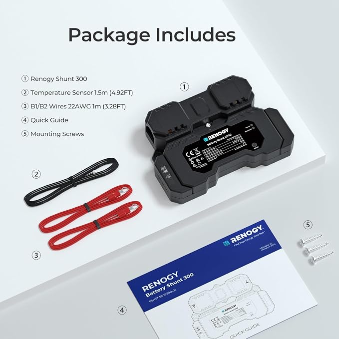 Renogy Battery Shunt 300, Remote Battery Monitoring, Range 8V-120V up to 500A, High Precision Current Sensor, Compatible Lead Acid, LFP, Li-ion, and Ni-MH Batteries