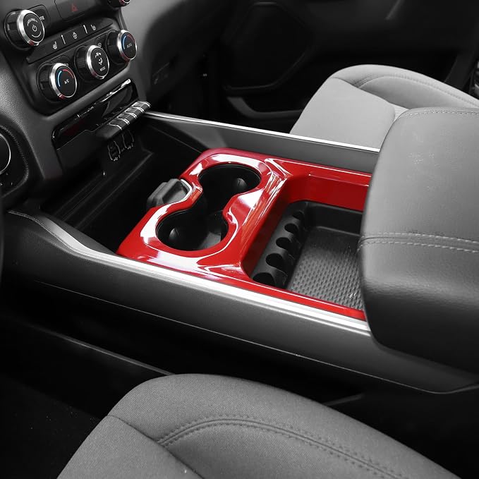 RT-TCZ for RAM Center Console Cup Holder Trim Cover Red for Dodge RAM 2018 2019 2020 2021 2022 2023 Red Interior Accessories