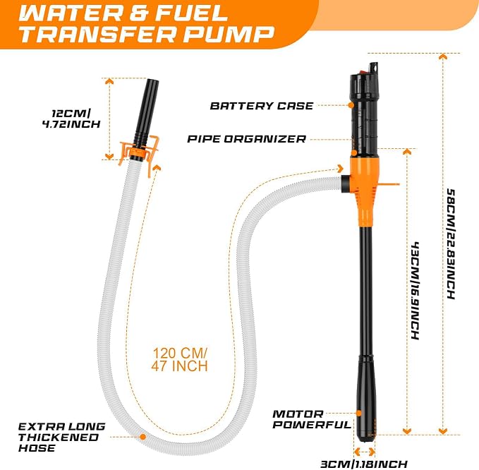 Portable Transfer Pump Battery Operated Electric Siphon Pump for Gas, Fuel, Diesel, Water Transfer 2.4 GPM Flow Oil Extractor, 47 Inches Hose-Easy to Use Hand Fuel Pump, Multi-Use Transfer Pump O-Y