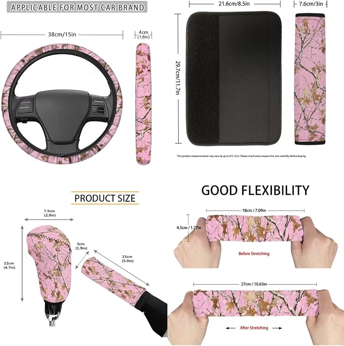 Pink Camo Hunting Car Accessories Set of 11 Car Front Seat Cover Steering Wheel Cover Seat Belt Pads Elastic Fabrics Gear Lever Cover Universal Fit Most Cars SUV