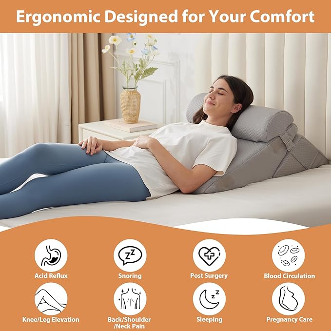 BIEEZZK 3PCS Wedge Pillow Set, Adjustable Wedge Pillow Headboard, Bed Wedge Pillows for Back Pain Relief, Sleeping, Post Surgery, Back Support Pillow for Bed Sitting Up, Snoring, GERD, Grey