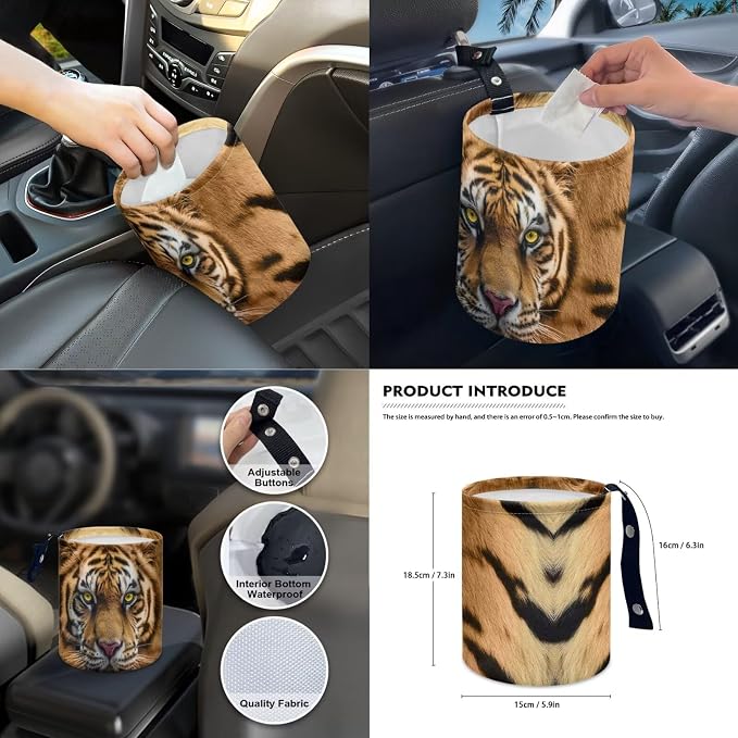 Tiger Print Car Seat Covers Front and Back Full Set with Steering Wheel Cover Armrest Cushion Safety Belt Pads Inside Rearview Mirror Cover Gear Shift Lever + Handbrake Protectors