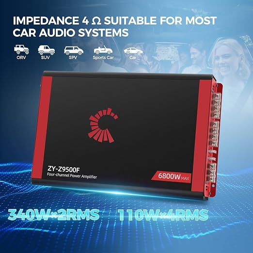 2026 High Power 4 Channel Car Amplifier - 6800W Max, 4x170W RMS @2Ω, 2 Bridged Channels (340W) -Your Commute De-Stresser & Old Car Revival Kit (Large)