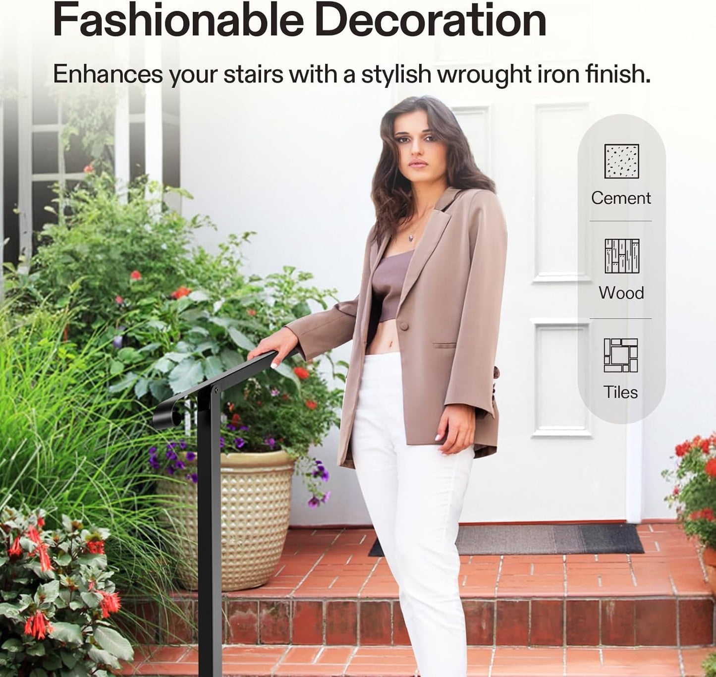 VIVOSUN Outdoor Handrail, 4 Step Stair Handrail, 47.5" x 39" Fits 1 to 4 Steps, Wrought Mattle Iron Stair Railing with Single Curved End for Concrete Steps, Porch Steps, One-Step Assembly, Black