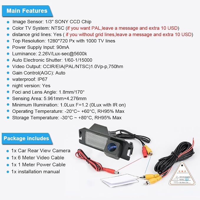1280*720 Pixel HD Car Waterproof Backup Rear-view License Plate Reverse Parking Camera, for Hyundai I30 Veloster i20 i10 Solaris/Genesis Coupe/Kia Soul kia ceed/Kia Picanto/Niro/Rohens Coupe Tiburon