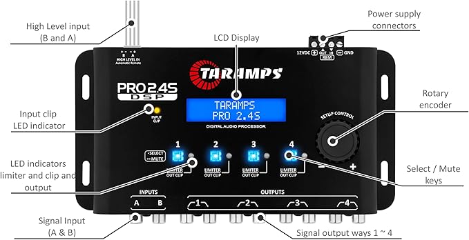 Taramp's Pro 2.4S DSP Crossover full Digital Signal Processor and Equalizer with sequencer 15-band Graphic Equalization 12 preset EQ 2-Channel in and 4-Channel Out