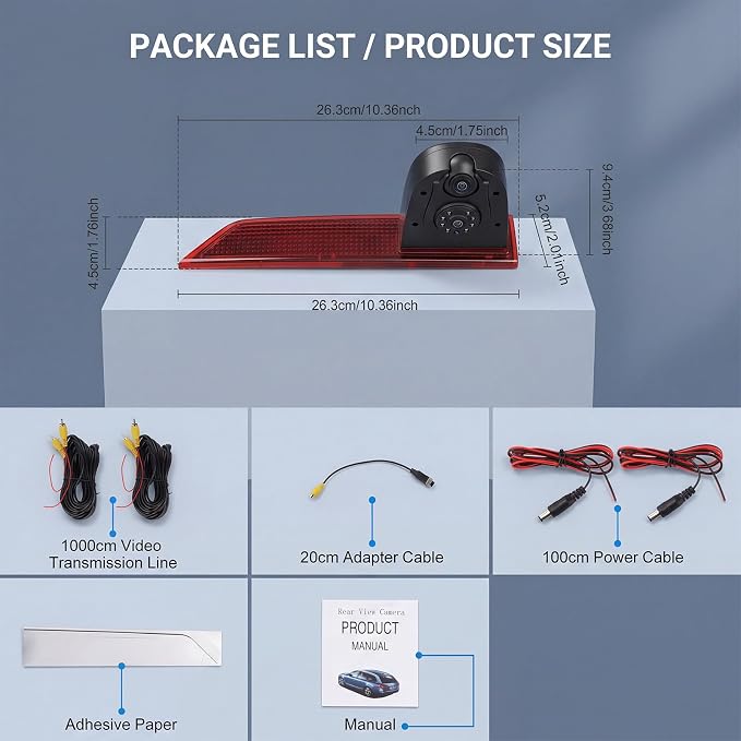 Dual Camera Third Brake Light Backup Camera for Ford Transit 2012-2015 with 10M Cable, CVBS NTSC/AHD PAL Switchable, 140° Wide Angle, IP67 Waterproof, Night Vision, Vehicle-Specific Reverse Camera