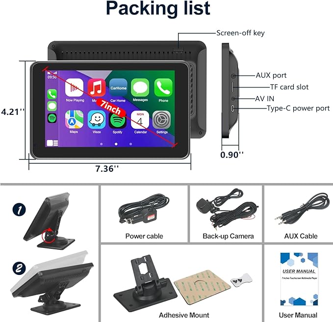 Wireless Apple CarPlay Screen with Fast Auto Connect, 7" Portable Android Auto Display for Car, Backup Camera, Bluetooth Audio, Voice Assistant & GPS Navigation