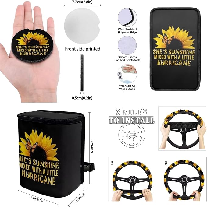 BIGCARJOB Sunflower Car Accessories Set 15 Pack She's Sunshine Sunflower Car Seat Covers Full Set,Sunflower Car Headrest Cover,Steering Wheel Cover,Car Trash Can,Seat Belt Pads