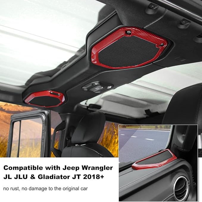 A Pillar Speaker Trim Cover & Roof Speaker Audio Trim Cover Ring Kit Decoration Interior Accessories for Jeep Wrangler JL JLU & Gladiator JT 2018-2022,Red Carbon Fiber