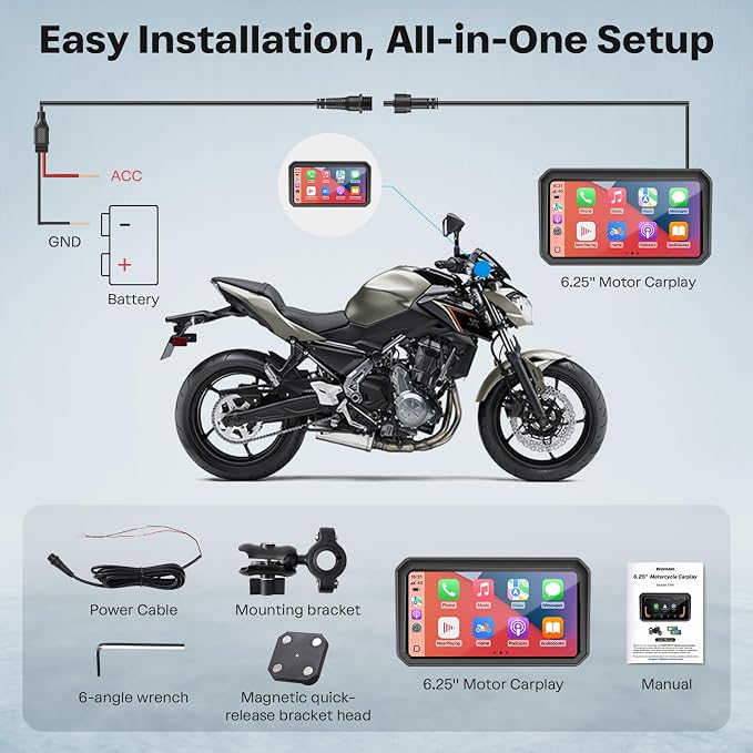 WonVon 6.25 Inch Wireless Motorcycle Carplay GPS Navigation System with Apple Carplay and Android Auto Portable Screen with Dual Bluetooth, Navigation, Siri, Google Assistant with Magnetic Mount