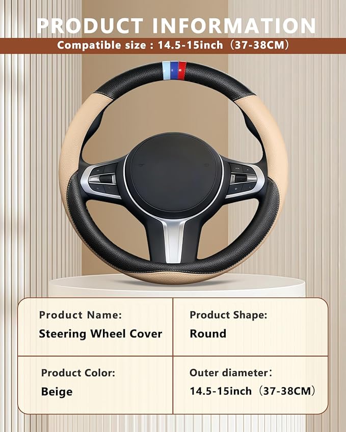 Customized Auto Car Steering Wheel Cover for BMW X1,X2,X3,X4,X5,X6,X7,i3,i4,i5,14.5-15 inch (Beige)
