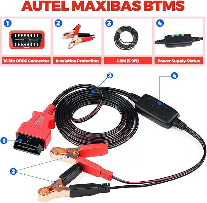 Autel Memory Saver for Car Battery, MaxiBAS BTMS OBDII Battery Tester, Preserves Vehicle Codes, Electronic Presets, Provides Power, Maintain Data Surge Protection, Attaches to 12 Volt Backup Battery