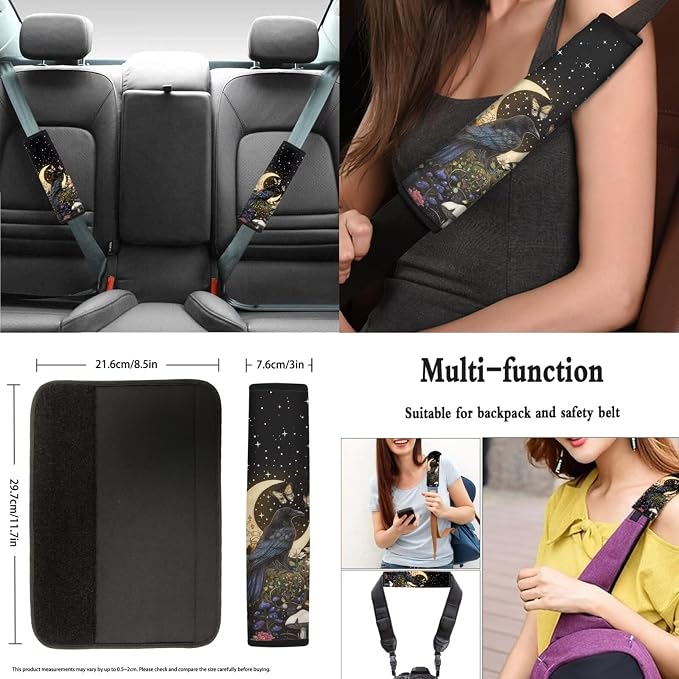 8 Pcs Moon Crow Car Seat Covers Full Set Car Accessories for Women Front Seat Cover Steering Wheel Armrest Cover Seat Belt Cover for Auto SUV Interior Decoration