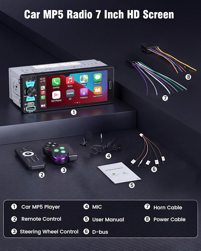 Single DIN Car Radio with Bluetooth Connection, 1 DIN Car Stereo Wireless Apple CarPlay with 6.5" HD in-Cell Touch Screen, FM/AM/RDS, USB + Type-C Ports, Remote Control, SWC, Backup Camera