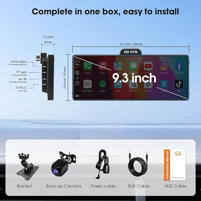 Haudio 9.3” Portable Wireless CarPlay Touch Screen, Plug & Play CarPlay Screen for Car, Apple CarPlay & Android Auto, 1080P Backup Camera, Voice Control, Bluetooth, GPS Navigation, No Installation