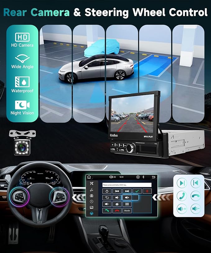 Single Din Car Stereo with Wireless Carplay Android Auto, 7" Motorized Flip Out Touchscreen Bluetooth Upgrade Car Radio with Mirror Link FM Dual USB/AUX/SD Card Ports Mic Rear View Camera