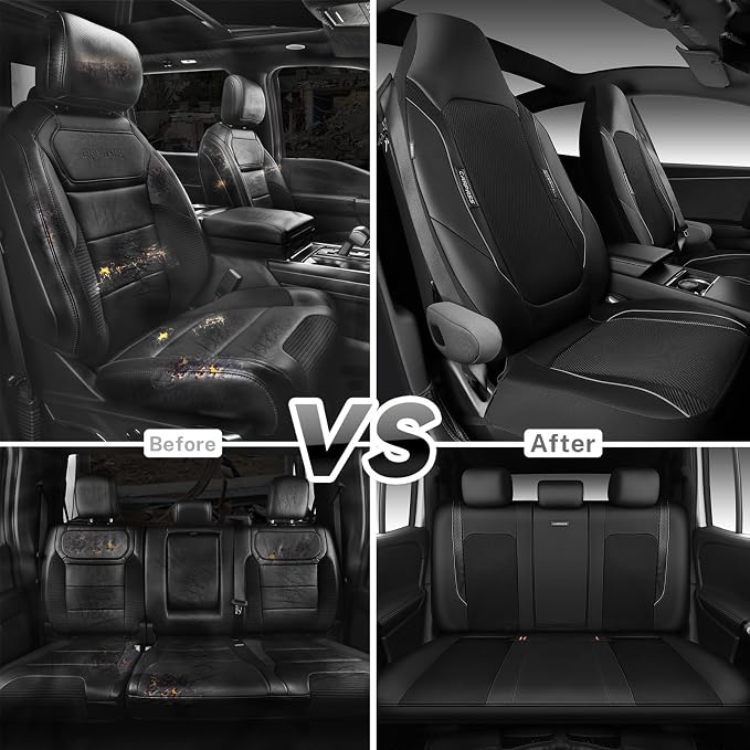 CAR PASS Faux Leather High Back Seat Covers Full Set, Sporty Waterproof Automotive Seat Covers, Anti Slip Airbag Compatible Universal Fit for Most Sedans Trucks Vans Suvs, All Black