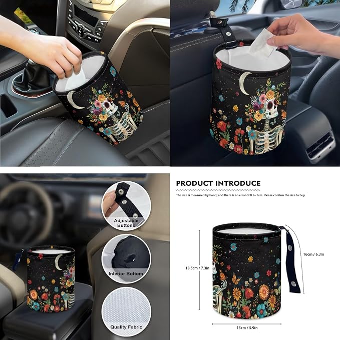 Moon Skeleton 15Pcs Car Seat Cover Full Set Car Steering Wheel Cover Seat Belt Cover Trash Bin Front Rear View Mirror Car Cup Holder Keychain