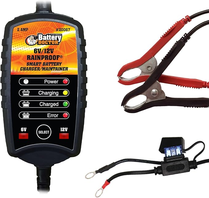 WirthCo 20067 Battery Doctor Black CEC Certified Rainproof Battery Charger and Maintainer (6V to 12V, 2 Amp)