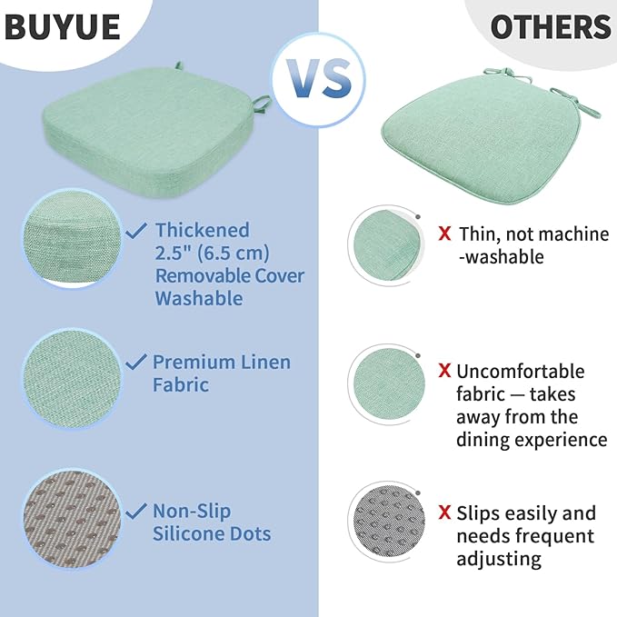 BUYUE Thickened 2.5" Dining Chair Cushions Set of 4, U-Shape High Density Foam Comfortable Chair Pads for Kitchen, Slip Resistant Indoor Seat Cushions (4 PCS, Light Green)