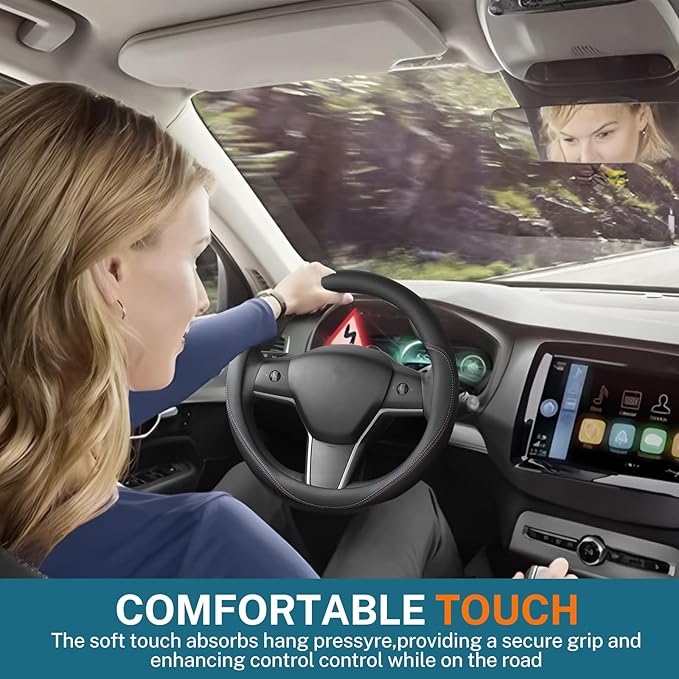Leather Steering Wheel Cover Custom-Fit for Tesla Model 3/Y 2016-2026, Comfort Grip Design Breathable and Non-Slip, Model 3/Y Car Steering Wheel Protector, Tesla Accessories,Black(C-Style, for Tesla)