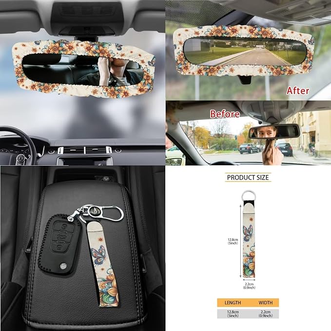 Butterfly Boho Floral Print Car Seat Covers 15Pcs Full Set Car Steering Wheel Cover Seat Belt Cover Trash Bin Air Vent Storage Box Rear View Mirror Car Cup Holder Keychain