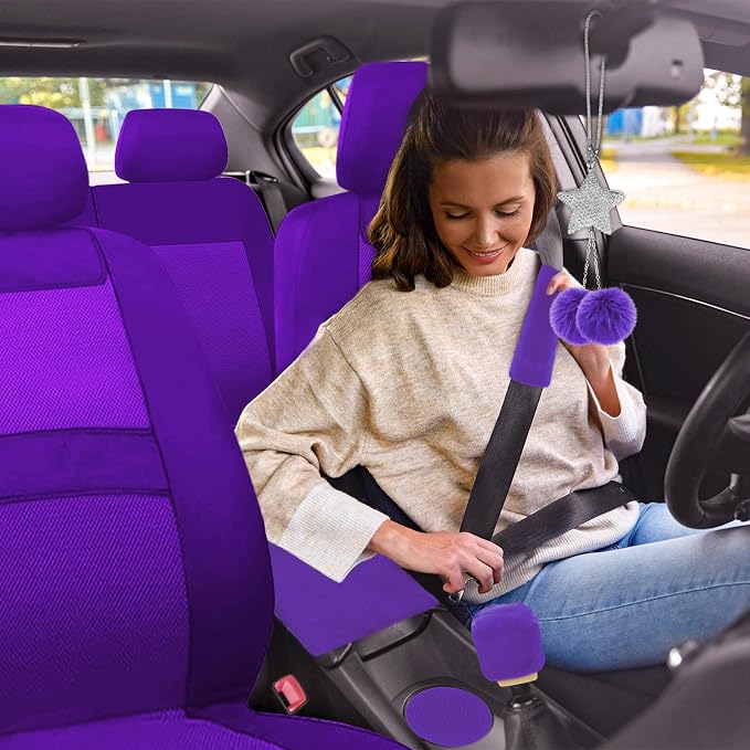 JINGSENCar Seat Cover Full Set for Women with Waterproof Floor Mats,3D Air Mesh Car Seat Cover with 5mm Composite Sponge Inside,Universal Fluffy Steering Wheel Cover,Accessories Full(Purple)