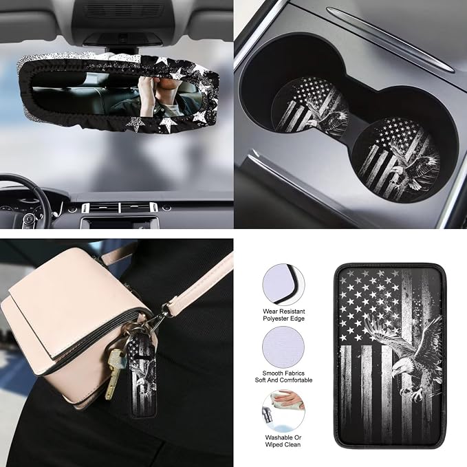 American Flag Car Seat Cover Full Set Eagle Printed Auto Steering Wheel Cover Seat Belt Protector Armrest Pad Auto Rear View Mirror Protector Set of 15, Car Accessories Set, Grey