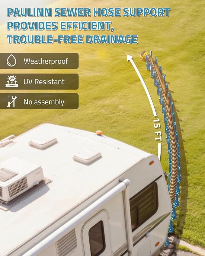 PAULINN 15FT RV Camper Sewer Hose Support, Height Adjustable Sewer Hose Support for RV Camper, Deep Cradles Design, Quick Setup and Takedown, w/Secure Rubber Band & Carrying Strap