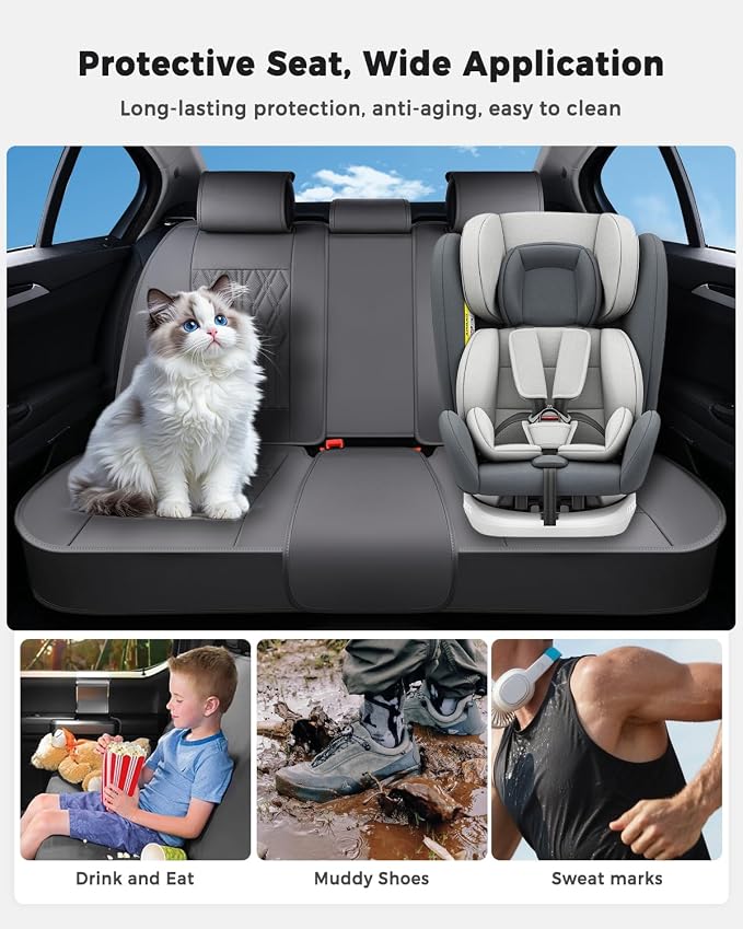 Huidasource Car Seat Covers Full Set, Leather Seat Cover Universal Fit for Most Cars Sedans SUVs Trucks, Airbag Compatible, Cup Holder Access, Easy Install, Wipes Clean, Wear-Resistant, Gray