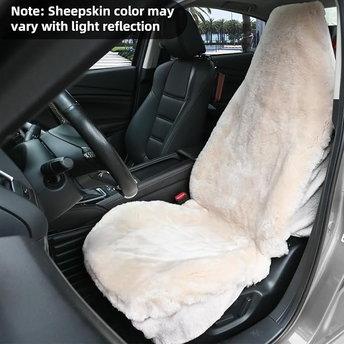 Aegis Cover Sheepskin Seat Cover Genuine Australian Merino Wool Front Seat Cover Luxury Dense Pelt Universal Fit for Most Cars, SUVs, Trucks, Bucket-Style, 54 X 22 Inches (Sand)