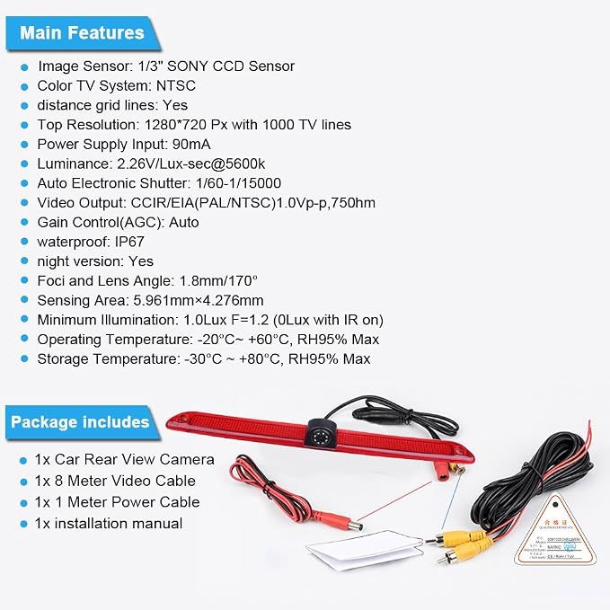 1280 * 720 Pixel Third Roof Brake Lamp Car Backup Camera Replacement for Mercedes Benz W906 W907 W910 316 CDI Sprinter Viano Vito Transit Ducato VW Crafter T5 Master Waterproof Night Vision